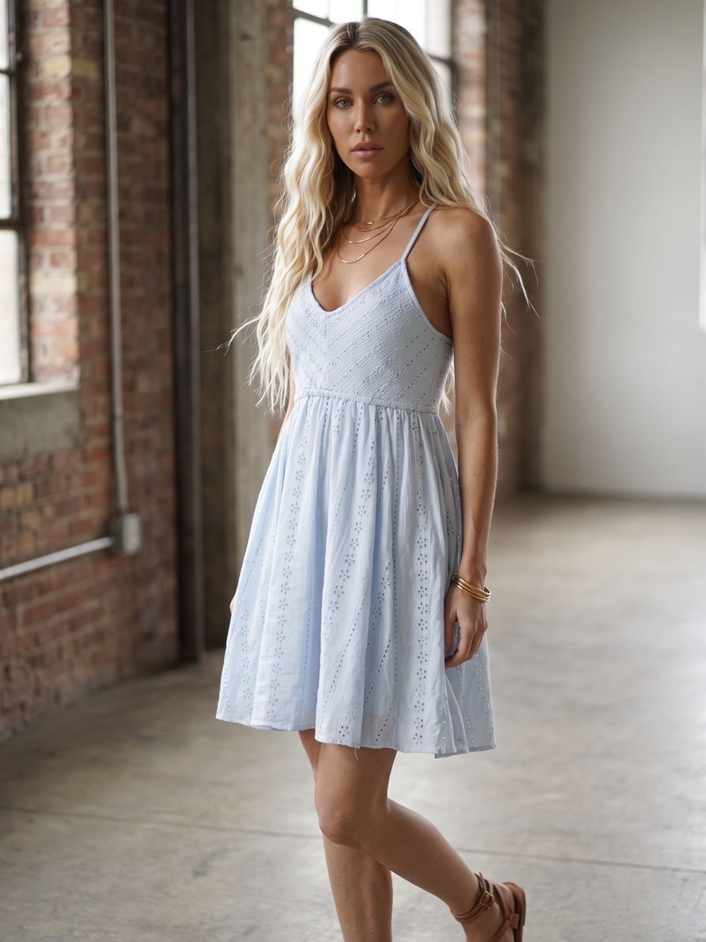 NWT Angie Boho Festival Eyelet Smocked Mini Dress Light Blue - Picture 7 of 8